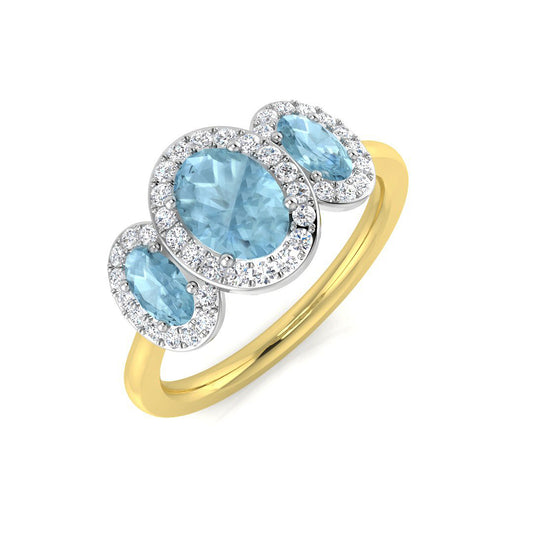 Oval Aquamarine Halo Three Stone Ring in White Gold