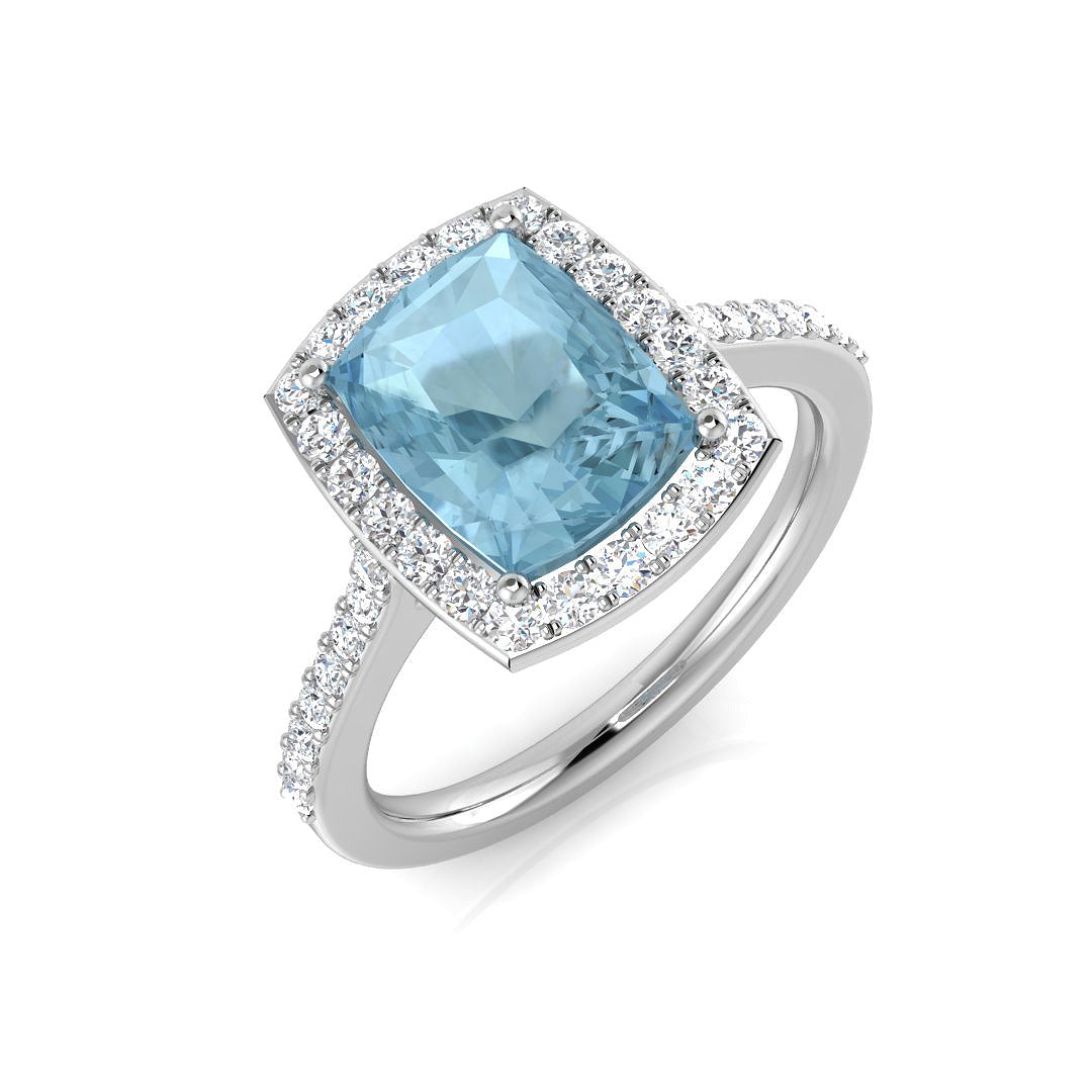 Cushion Cut Aquamarine Pave Diamond Engagement Ring