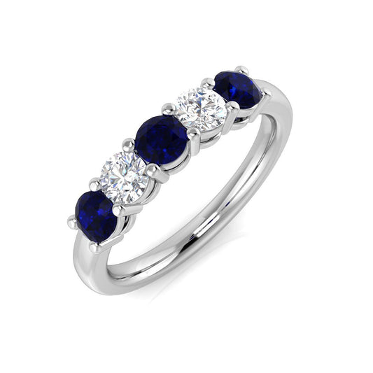 Blue Sapphire 5 Stone Ring with Natural Round Diamond Ring | Anniversary Band