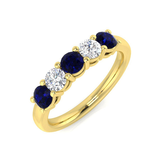 Blue Sapphire 5 Stone Ring with Natural Round Diamond Ring | Anniversary Band