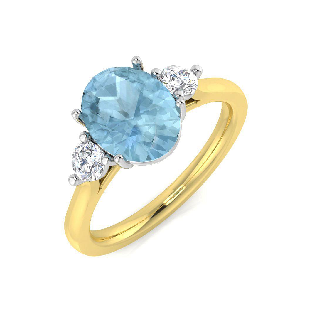 Aquamarine Trilogy Ring with Round Diamond Side Stones