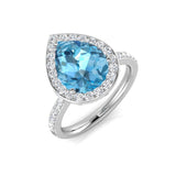 Pear Cut Aquamarine Halo Ring with Diamond Pave Band