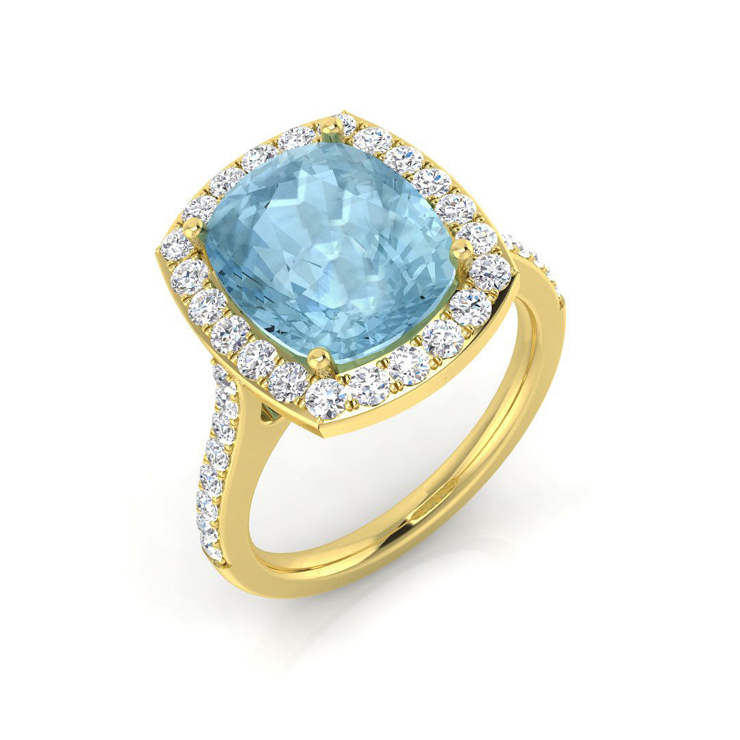 Side profile of Cushion Cut Aquamarine Halo Ring
