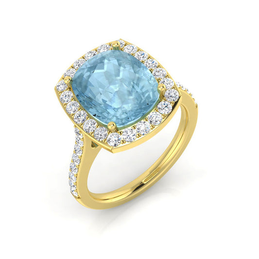 Side profile of Cushion Cut Aquamarine Halo Ring