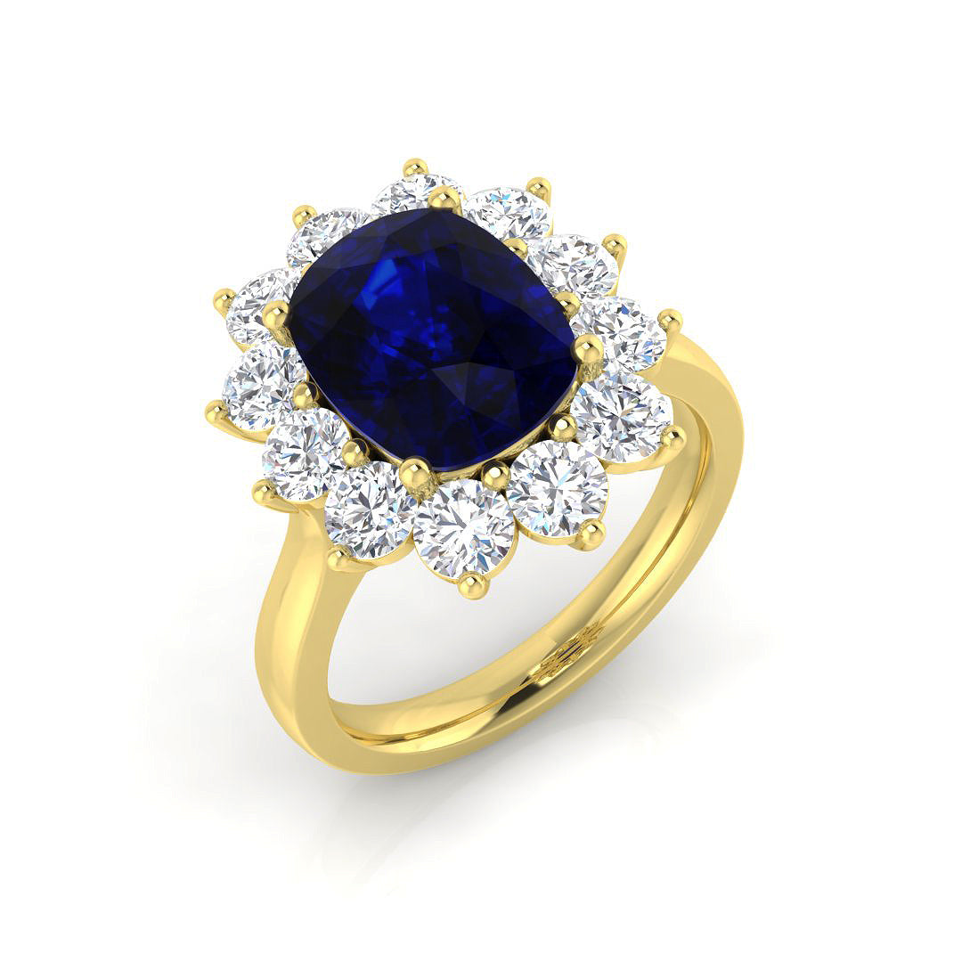 Cushion Cut Blue Sapphire Halo Ring with Round Cluster Natural Diamond