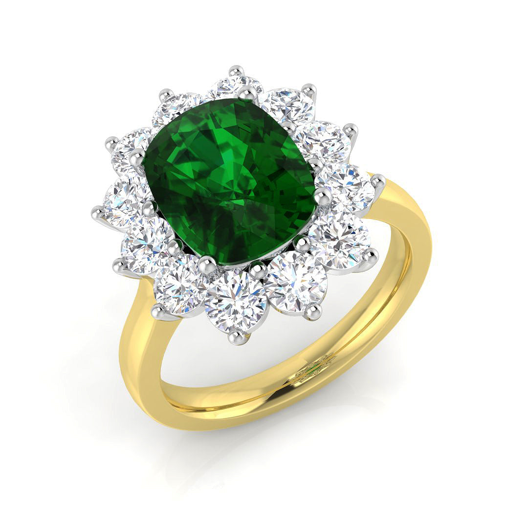 Cushion Cut Emerald Halo Ring in Gold Platinum