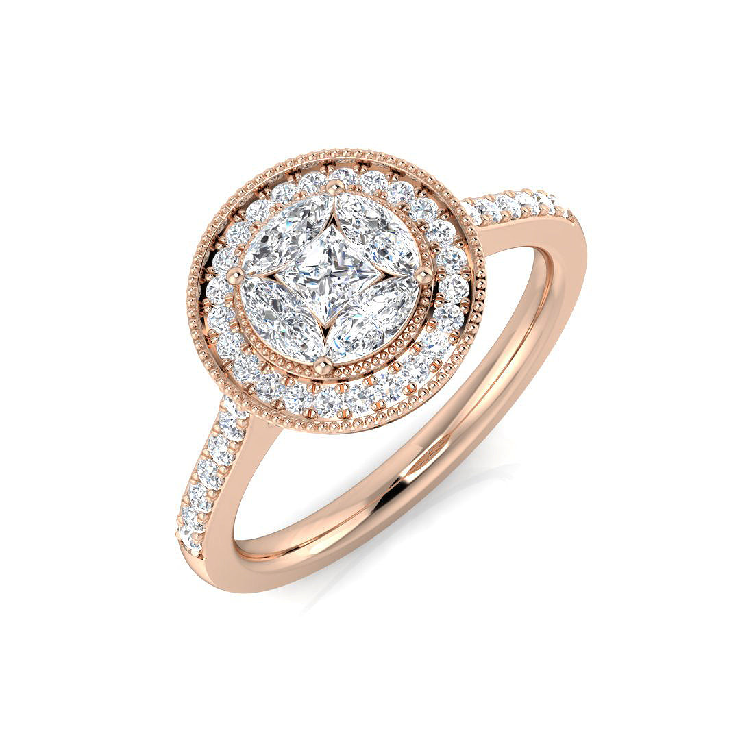 Princess Cut Diamond Halo Ring with Marquise & Round Stones 0.75ct | Milgrain | UK Hallmarked