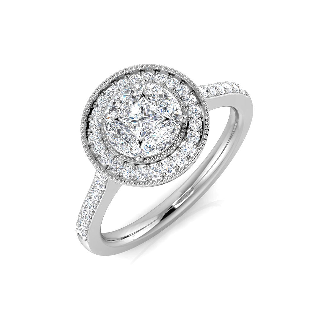 Princess Cut Diamond Halo Ring with Marquise & Round Stones 0.75ct | Milgrain | UK Hallmarked