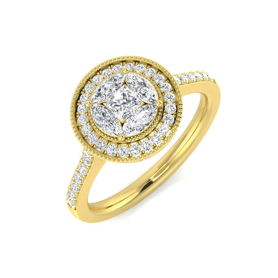 Princess Cut Diamond Halo Ring with Marquise & Round Stones 0.75ct | Milgrain | UK Hallmarked