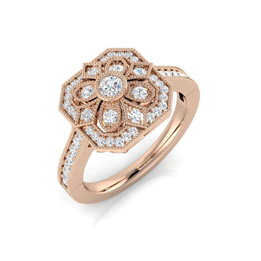 Lab Grown Floral Round Diamond Art Deco Vintage Ring | Hallmarked Gold & Platinum