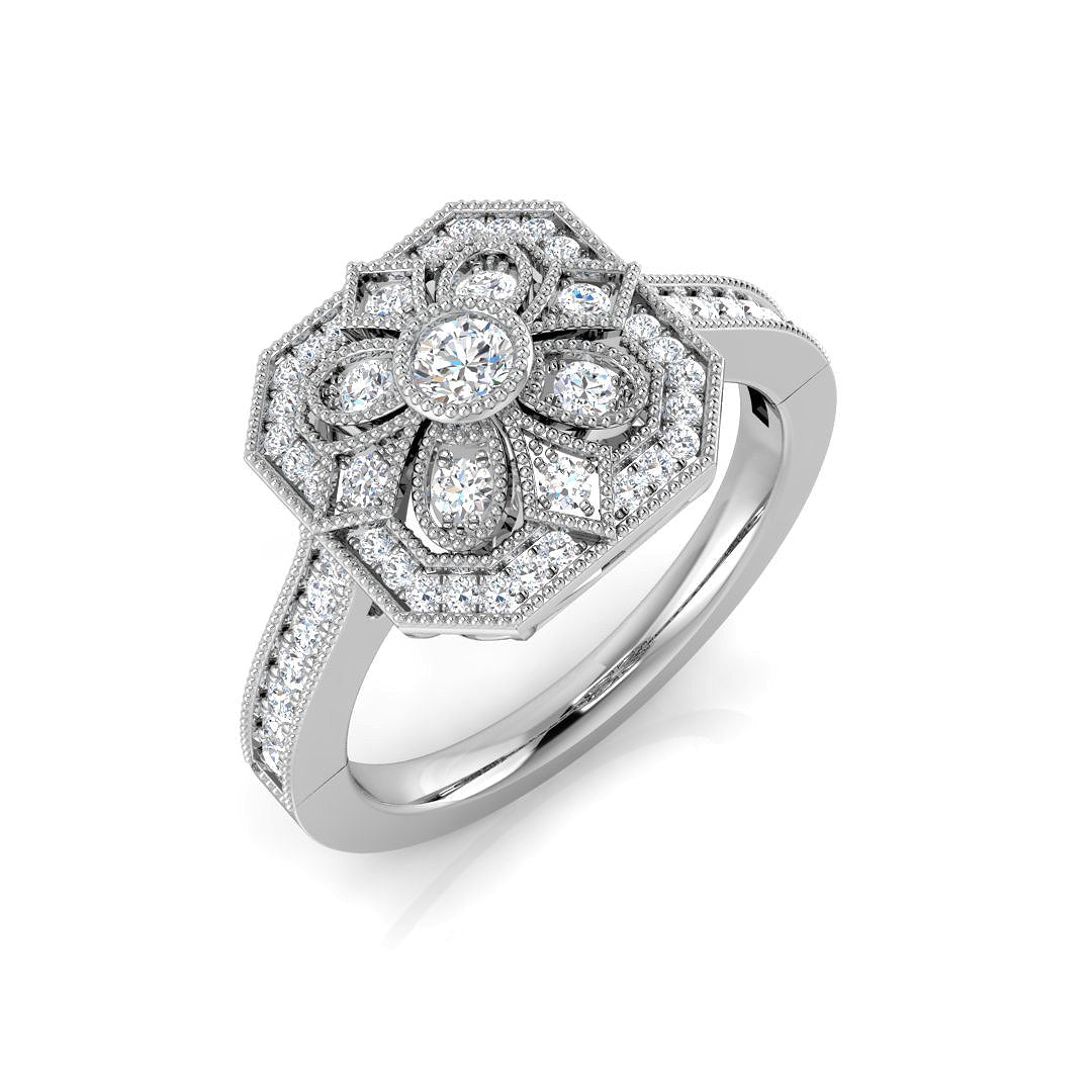 Lab Grown Floral Round Diamond Art Deco Vintage Ring | Hallmarked Gold & Platinum
