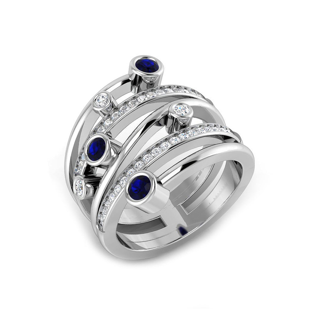 Diamond Blue Sapphire Bubble Ring | Multi Row Pave Designer Ring | Fine Jewellery