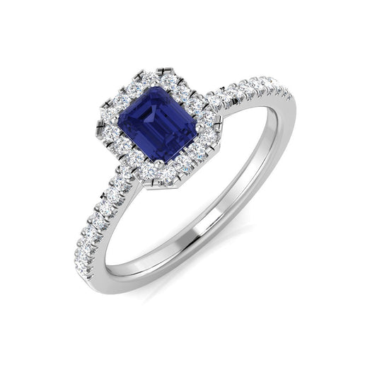Emerald Cut Blue Sapphire Halo Ring with Round Diamond | Gold & 950 Platinum | UK Hallmarked