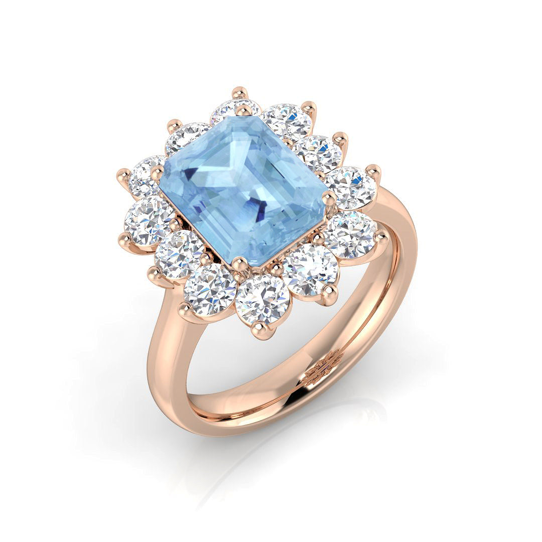 Aquamarine Diamond Halo Ring Emerald Cut UK Hallmarked | 2ct to 5ct
