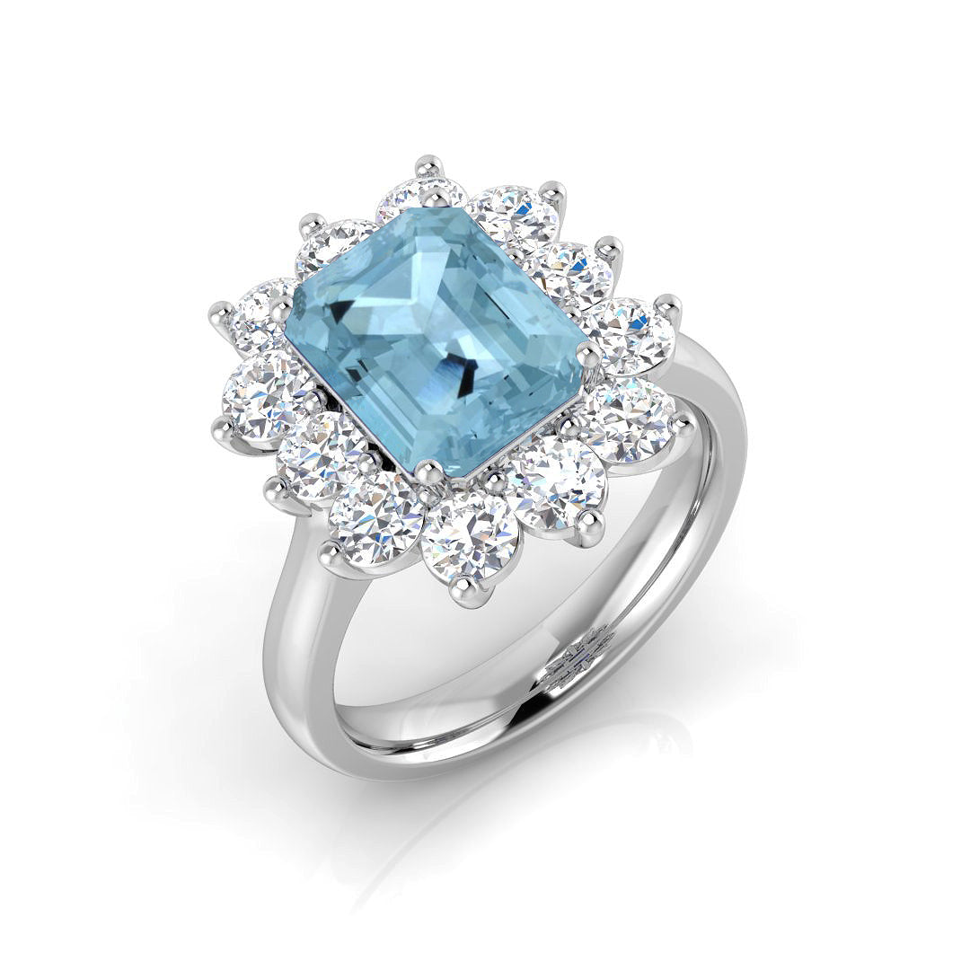 Aquamarine Diamond Halo Ring Emerald Cut UK Hallmarked | 2ct to 5ct