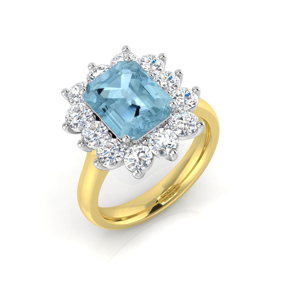 Aquamarine Diamond Halo Ring Emerald Cut UK Hallmarked | 2ct to 5ct