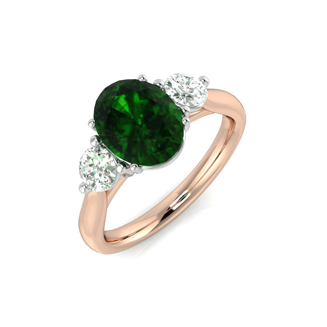 18K Yellow Gold Two-Tone Natural Diamond Three-Stone Ring with Oval Colour Gemstone