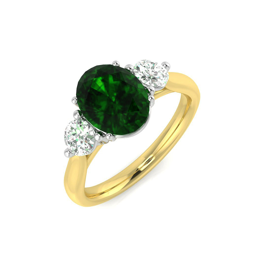 18K Yellow Gold Two-Tone Natural Diamond Three-Stone Ring with Oval Colour Gemstone