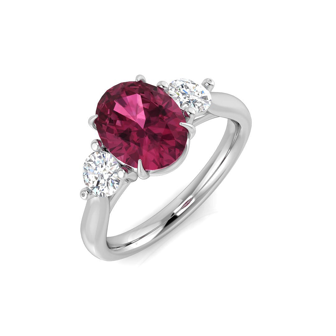 18K Yellow Gold Two-Tone Natural Diamond Three-Stone Ring with Oval Colour Gemstone