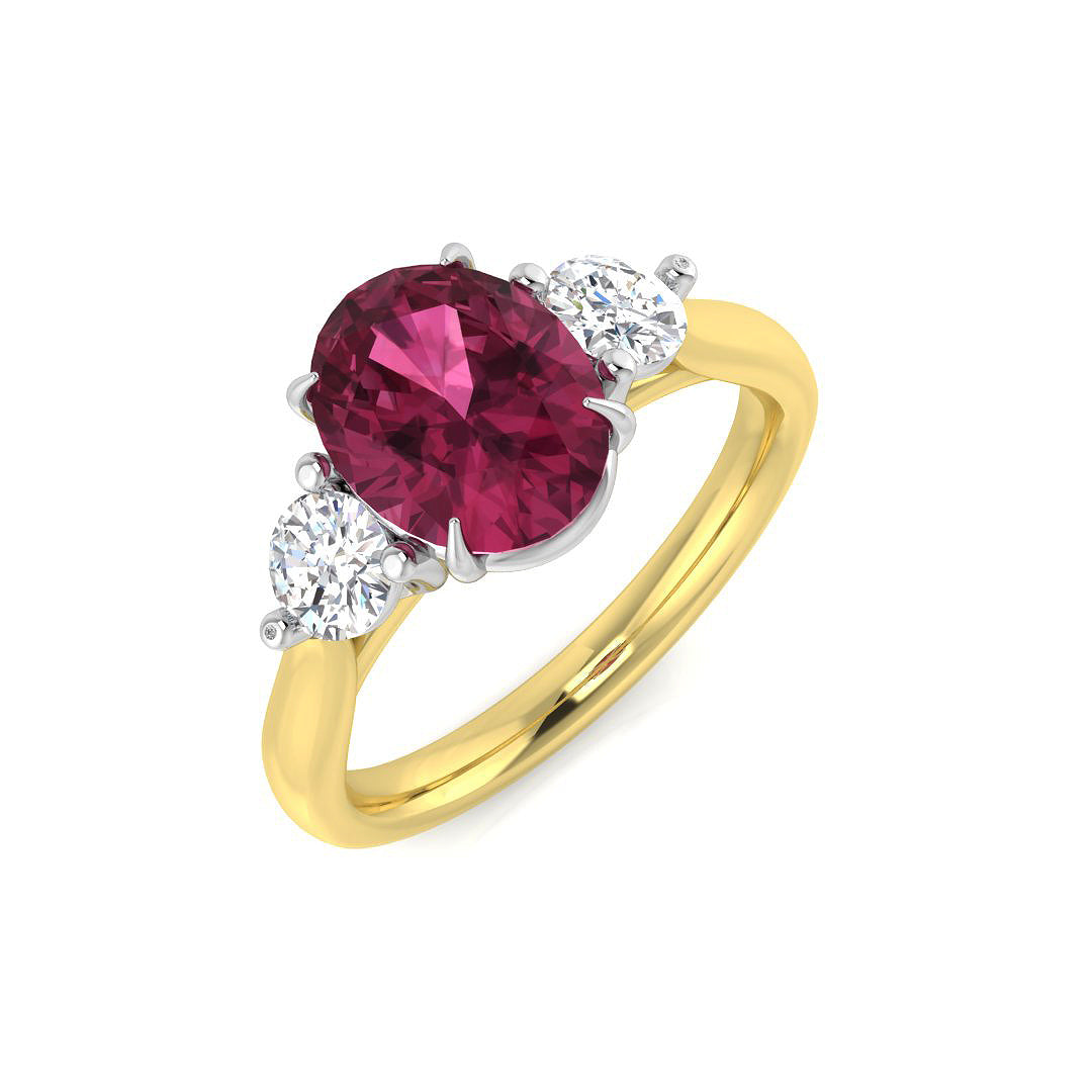 18K Yellow Gold Two-Tone Natural Diamond Three-Stone Ring with Oval Colour Gemstone