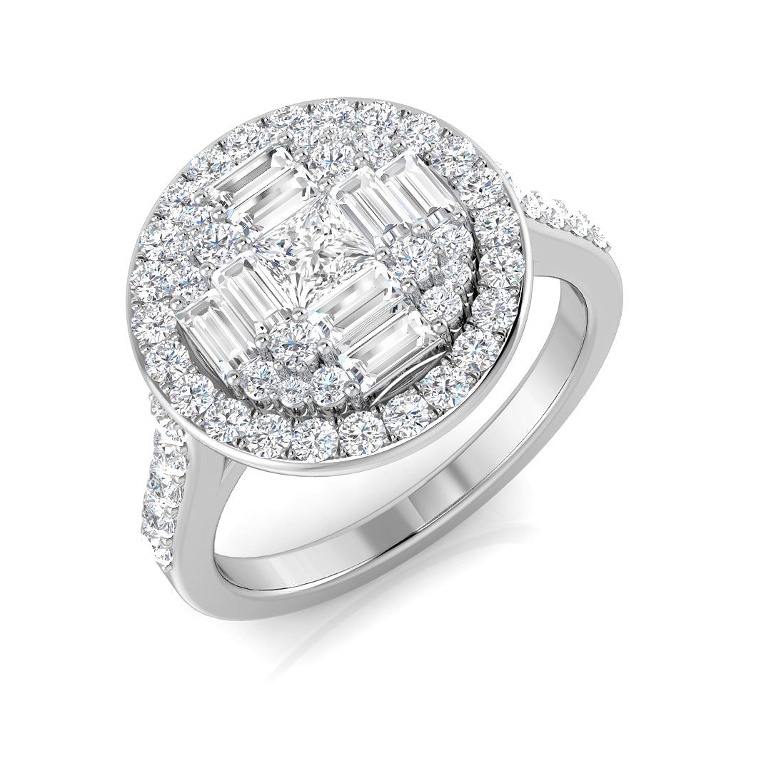 Princess Cut Baguette & Round Diamond Halo Ring 1.00ct | UK Hallmarked