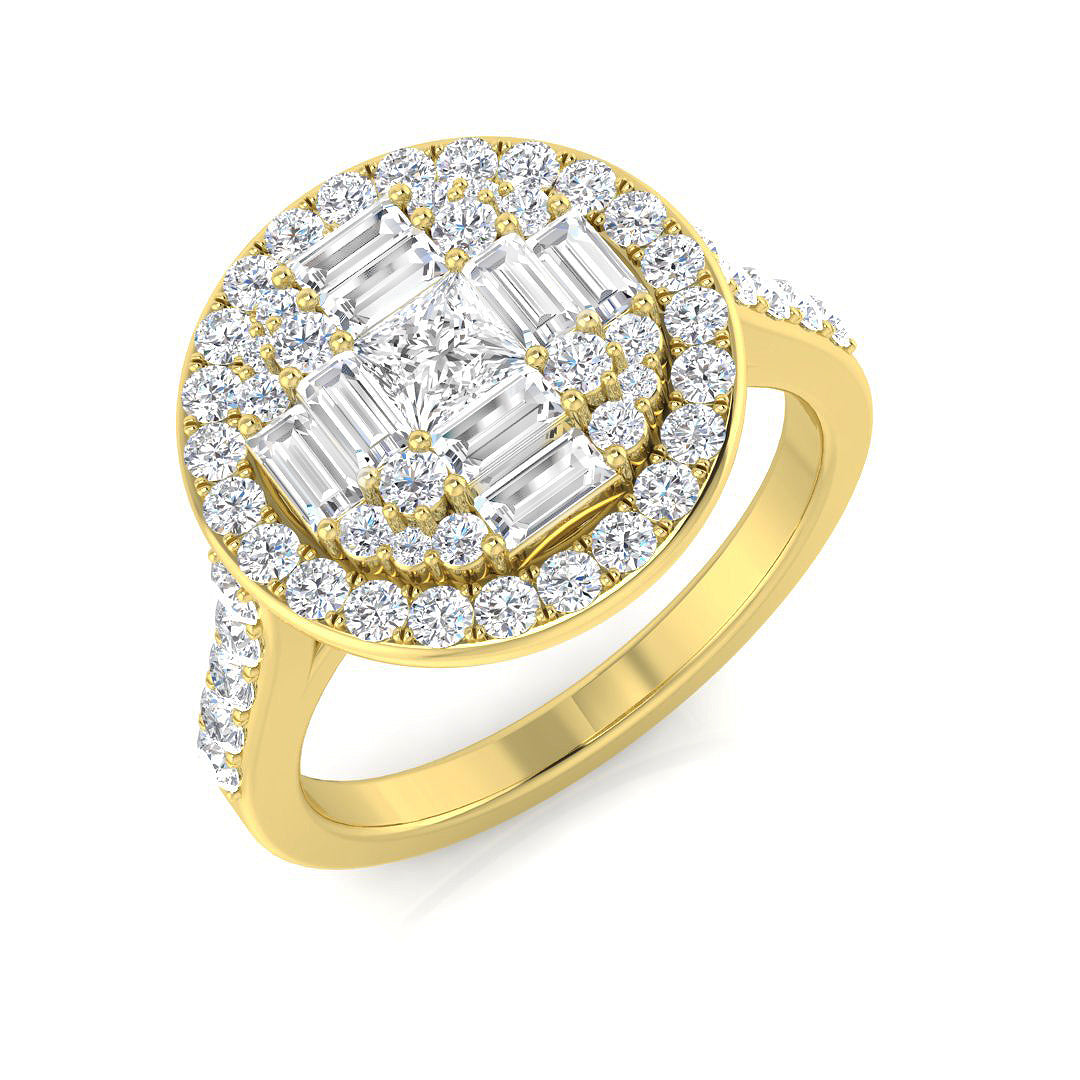 Princess Cut Baguette & Round Diamond Halo Ring 1.00ct | UK Hallmarked