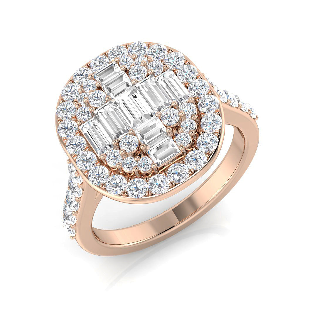 Baguette & Round Diamond Halo Ring 1.25ct Cluster UK Made