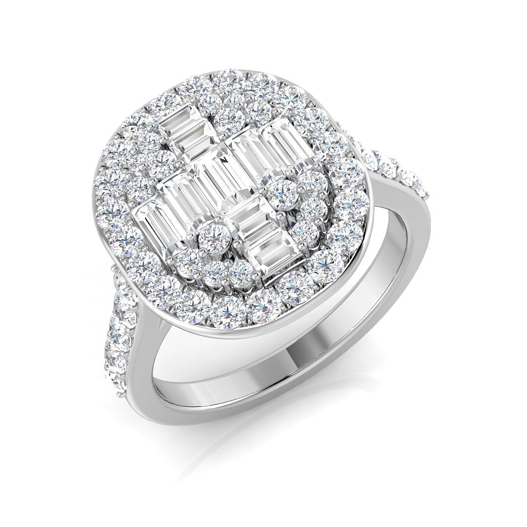 Baguette & Round Diamond Halo Ring 1.25ct Cluster UK Made