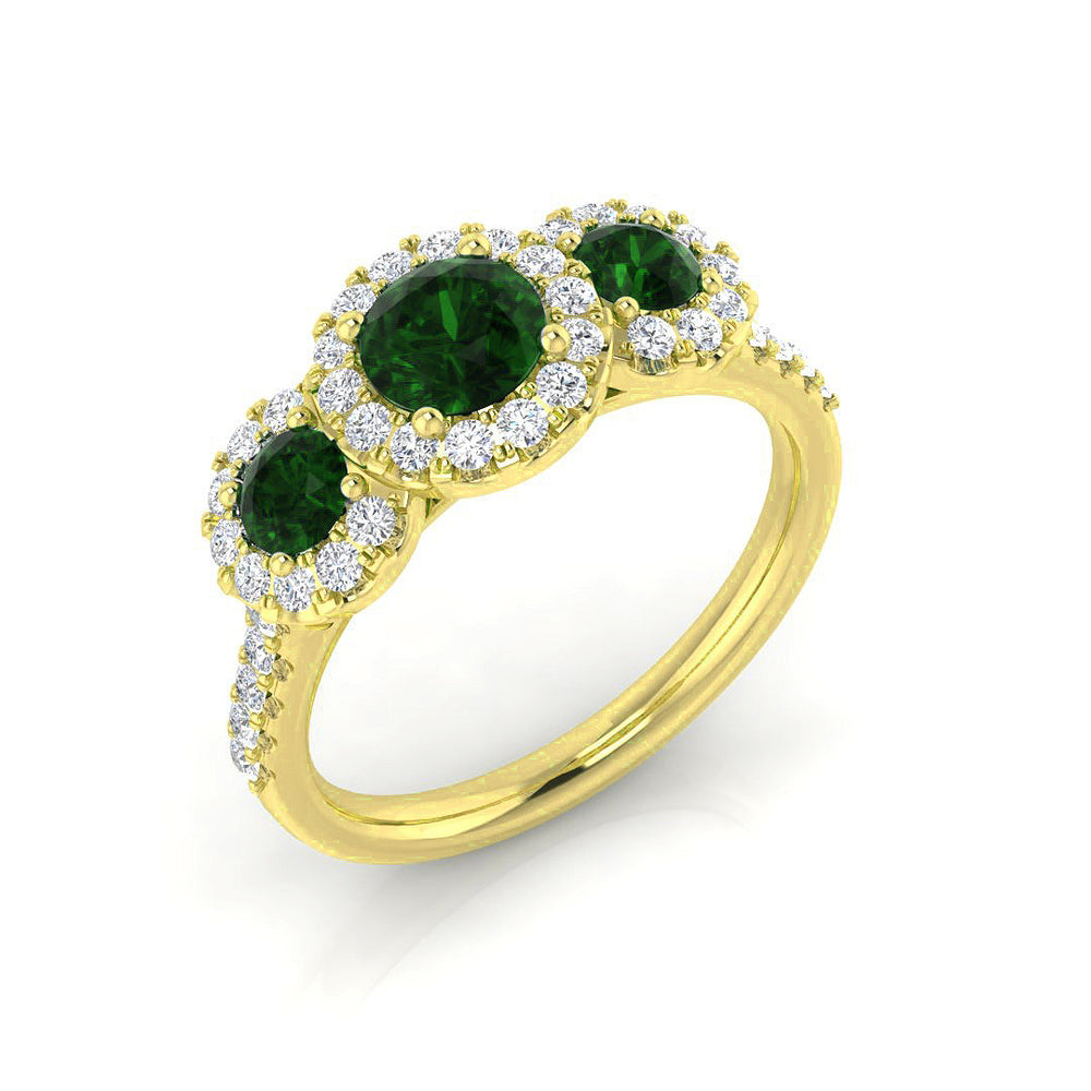 Emerald Three Stone Ring with Diamond Halo Pave Band featuring vibrant green emeralds and sparkling diamonds.