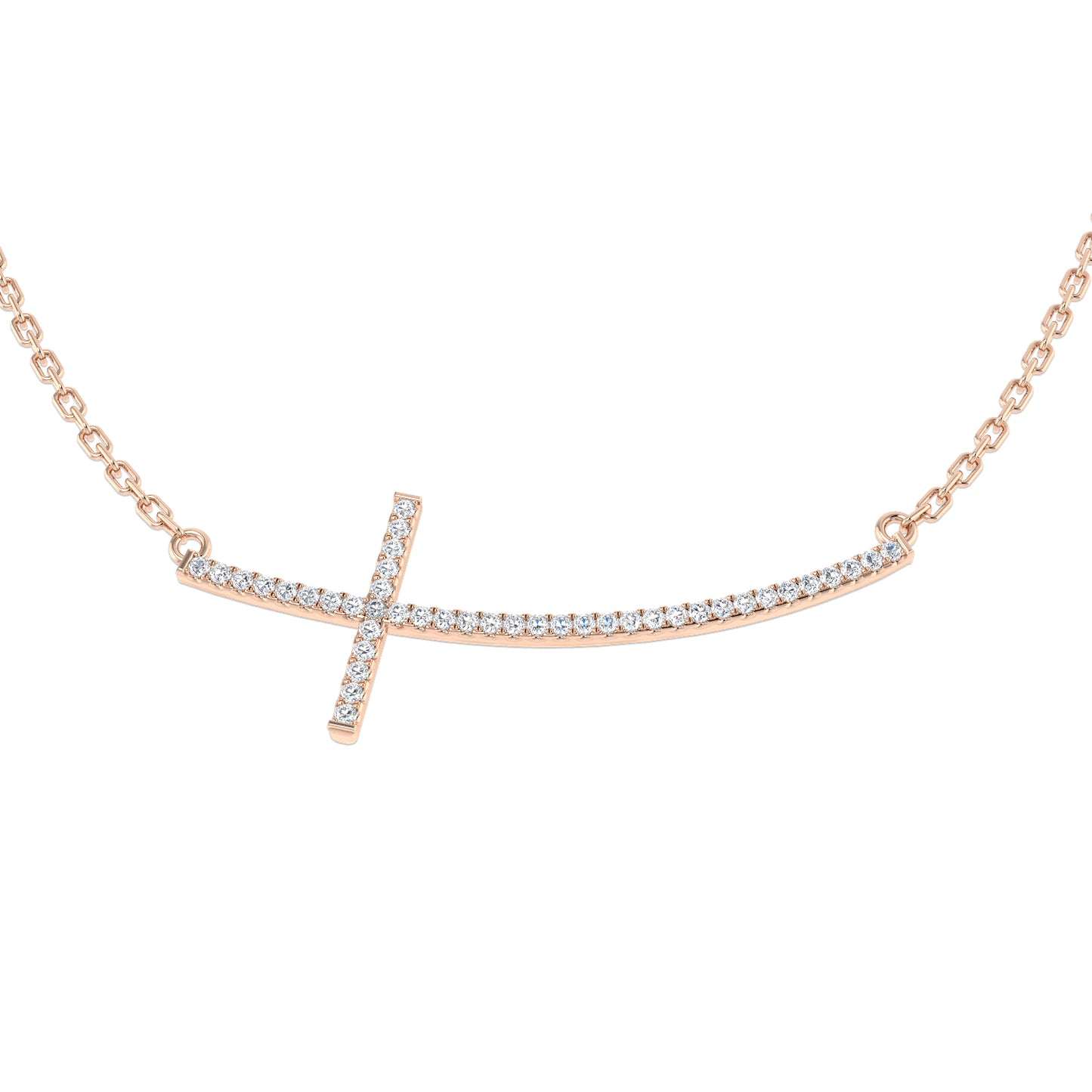 0.12ct Round Diamond Pavé Setting Curved Sideways Cross Necklace in Gold & Platinum