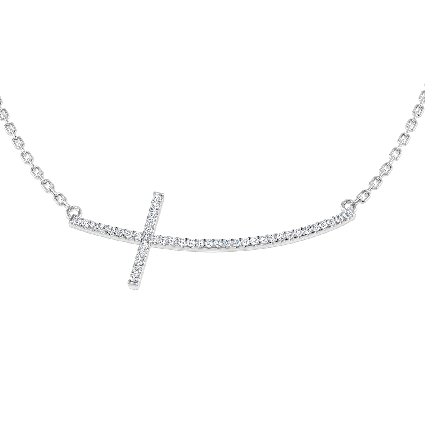 0.12ct Round Diamond Pavé Setting Curved Sideways Cross Necklace in Gold & Platinum