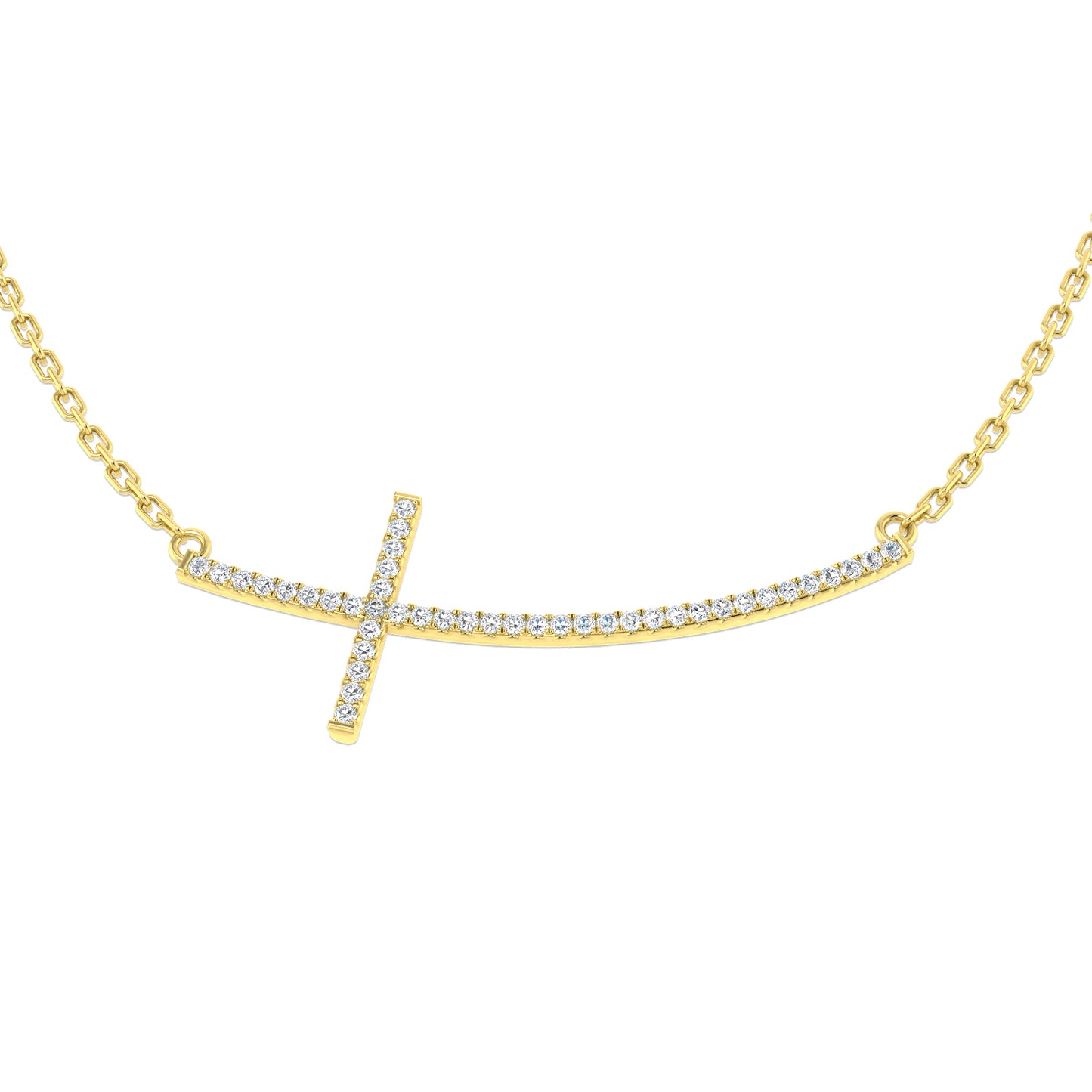 0.12ct Round Diamond Pavé Setting Curved Sideways Cross Necklace in Gold & Platinum