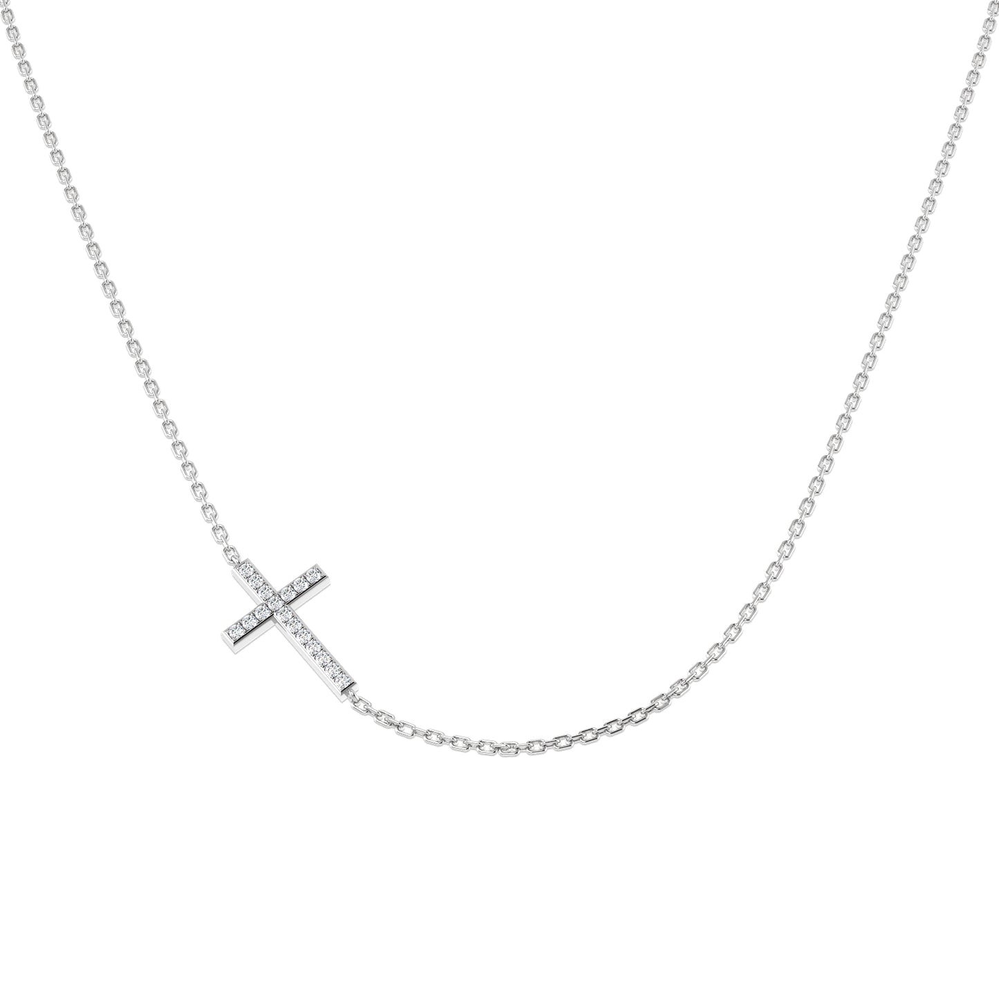 0.09ct Round Diamond Pavé Setting Sideways Cross Necklace in Gold & Platinum