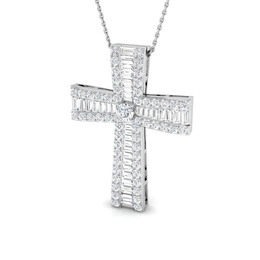 1.00ct – 4.98ct Baguette & Round Diamond Shared Prong Set Cross Necklace in Platinum