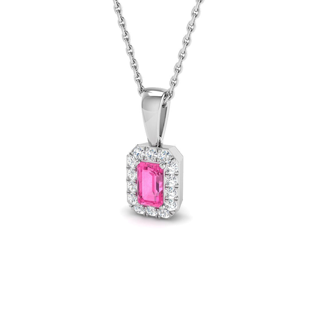 Pink Sapphire Diamond Pendant UK | Rectangular Halo Pendant Without Chain