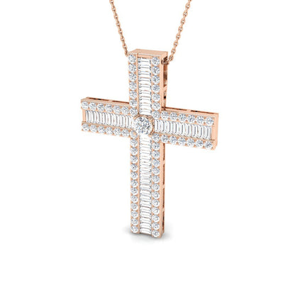 1.03ct – 3.83ct Baguette & Round Diamond Shared Prong Set Cross Necklace in 9k and 18k Gold