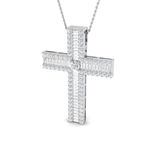 1.03ct – 3.83ct Baguette & Round Diamond Shared Prong Set Cross Necklace in Platinum