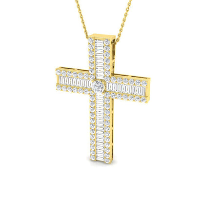 1.03ct – 3.83ct Baguette & Round Diamond Shared Prong Set Cross Necklace in 9k and 18k Gold
