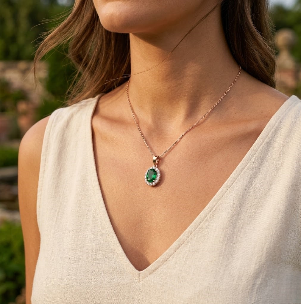 Green Emerald Diamond Pendant UK – Oval Halo (Without Chain )