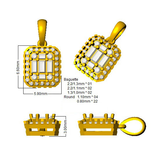 Baguette Brilliant Pendant 0.2ct to 0.75ct Gold (Without Chain )