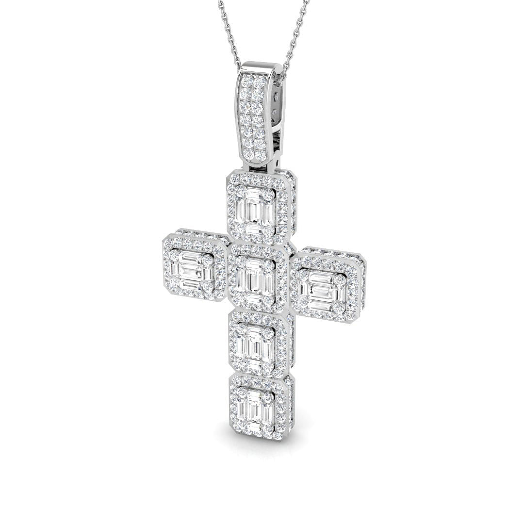 2.50ct – 5.00ct Baguette & Round Diamond Cluster Cross Necklace in 9k and 18k Gold