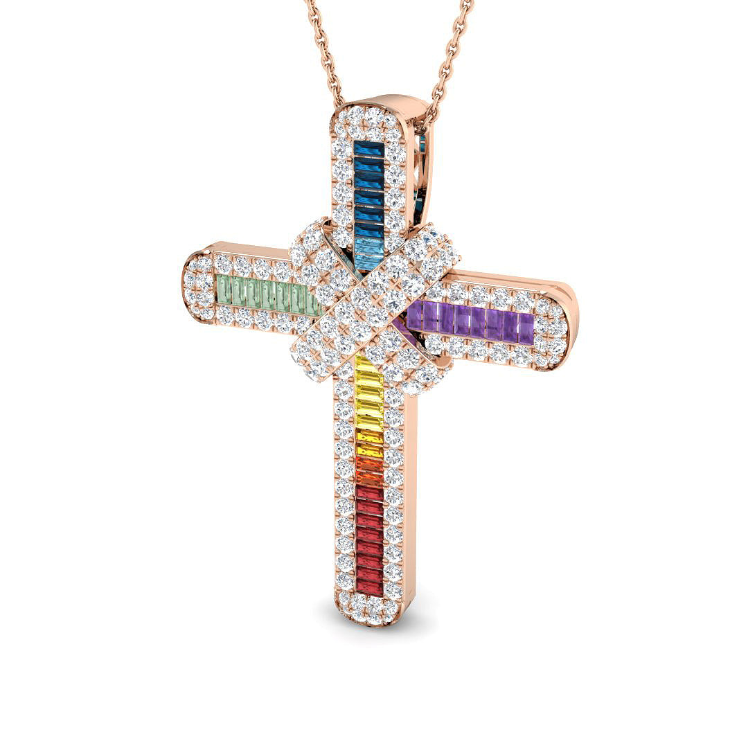 Rose gold cross pendant with colorful gemstones on a white background