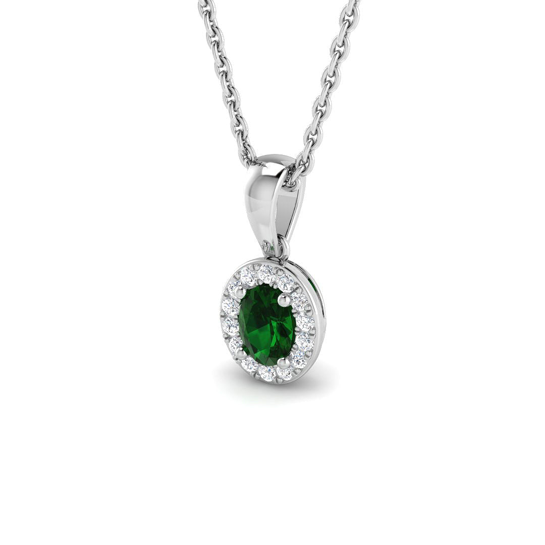 Oval Emerald Diamond Halo Pendant in Gold Without Chain