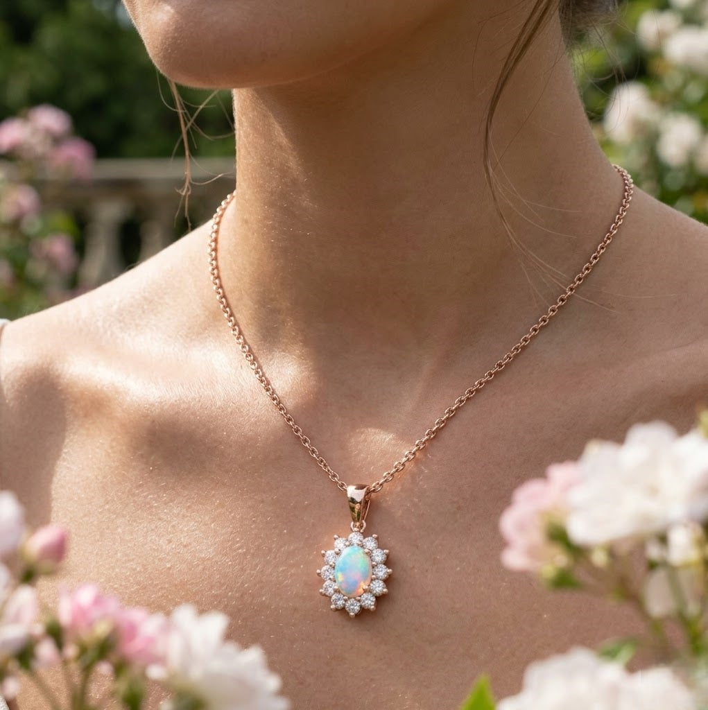 Opal Diamond Pendant UK – Oval Halo Pendant (Without Chain )