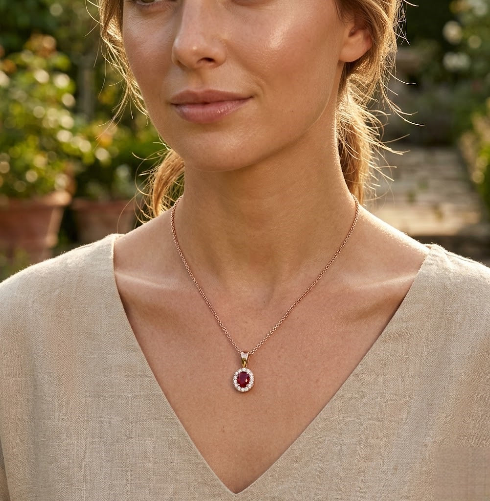 Ruby Gold Pendant UK | Oval Diamond Halo Necklace Without Chain