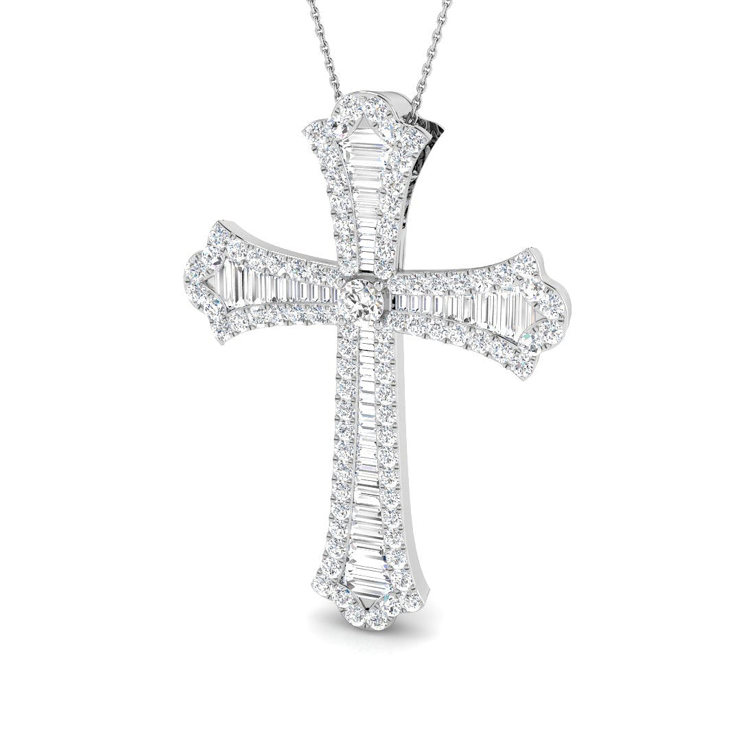 0.60ct – 6.50ct Baguette & Round Diamond Flared Cross Necklace in Platinum
