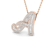 Diamond Script Initial "A-Z" Pendant with Baguette & Round Diamonds
