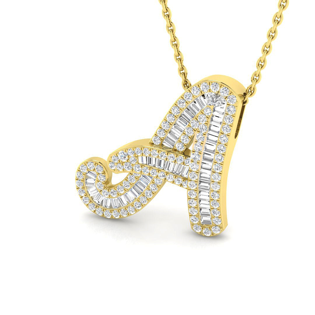Diamond Script Initial "A" Pendant with Baguette & Round Diamonds