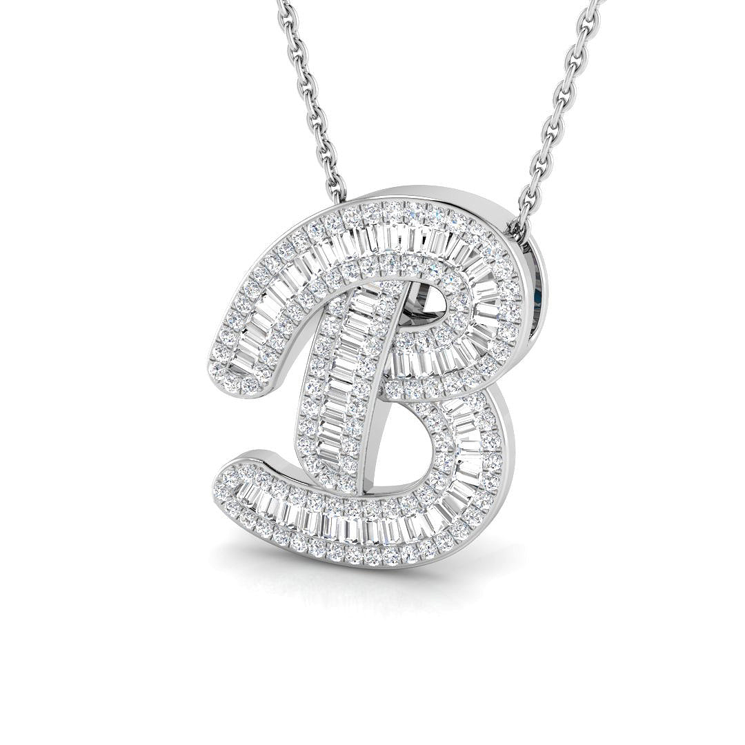 Diamond Script Initial "B" Pendant with Baguette & Round Diamonds