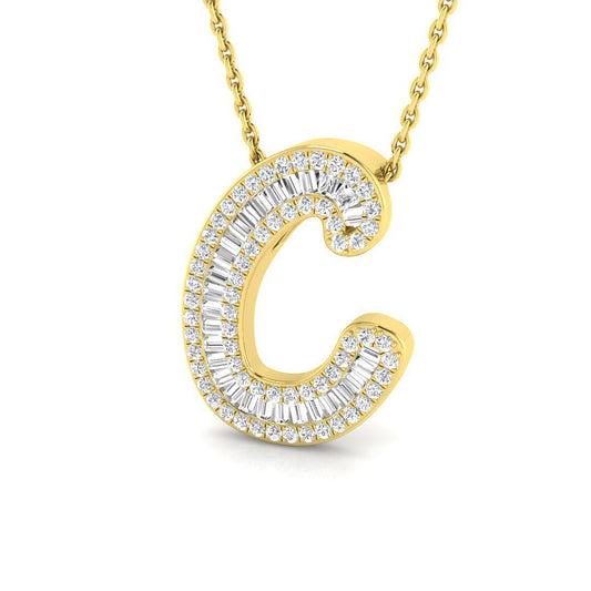 Diamond Script Initial "C" Pendant with Baguette & Round Diamonds